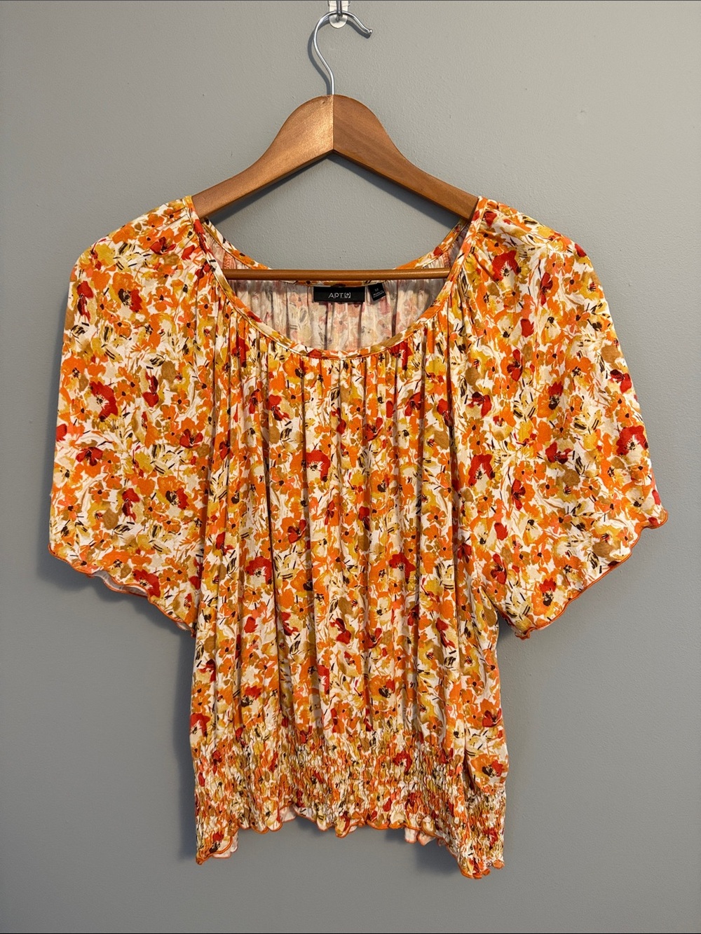 Apt. 9 Orange Floral Puff Sleeve Peasant Blouse